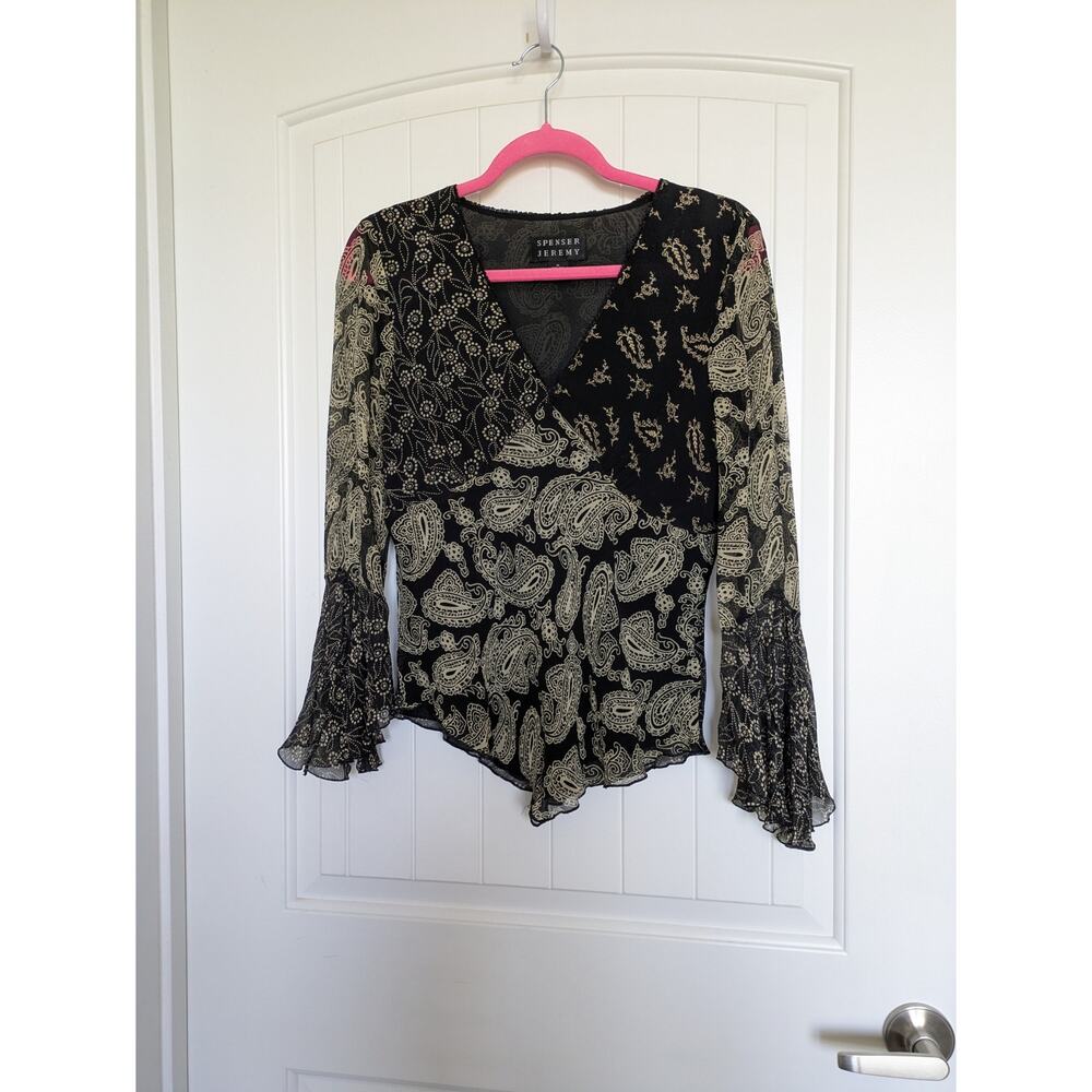 Y2K Spenser Jeremy Babydoll Flare Sleeve Top M Silk Black Beige Paisley Vampire - Picture 9 of 10